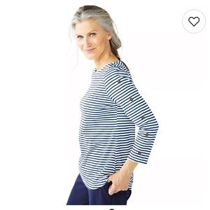 NEW Croft & Barrow 3/4 Button Accent Sleeve Navy Striped Top, Size Small